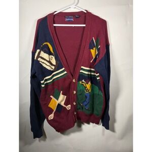 Hathaway Hand Intersia Golf Cardigan Sweater‎ Burgundy Navy Mens Large